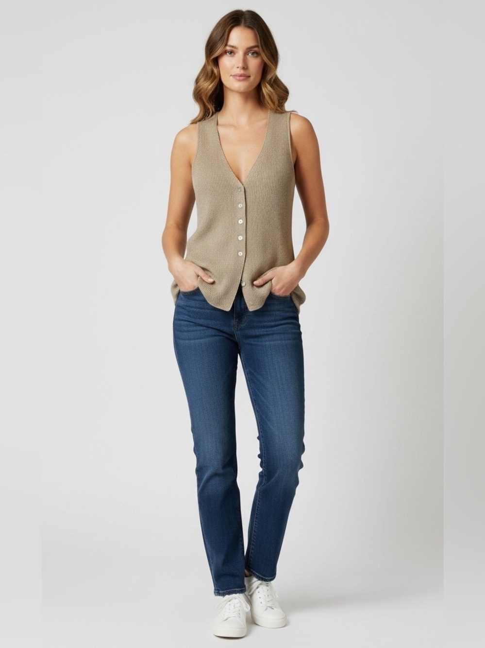 Show Me Your Mumu Josie Vest Stone Knit Ribbed Button Front Sleeveless Top L